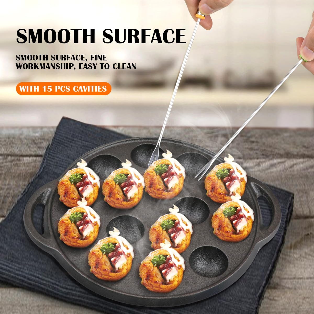 Escargot – Plato de hierro fundido para hongos Takoyaki con 15 agujeros de compartimento, máquina de bolas de pulpo con tenedores y cepillo para
