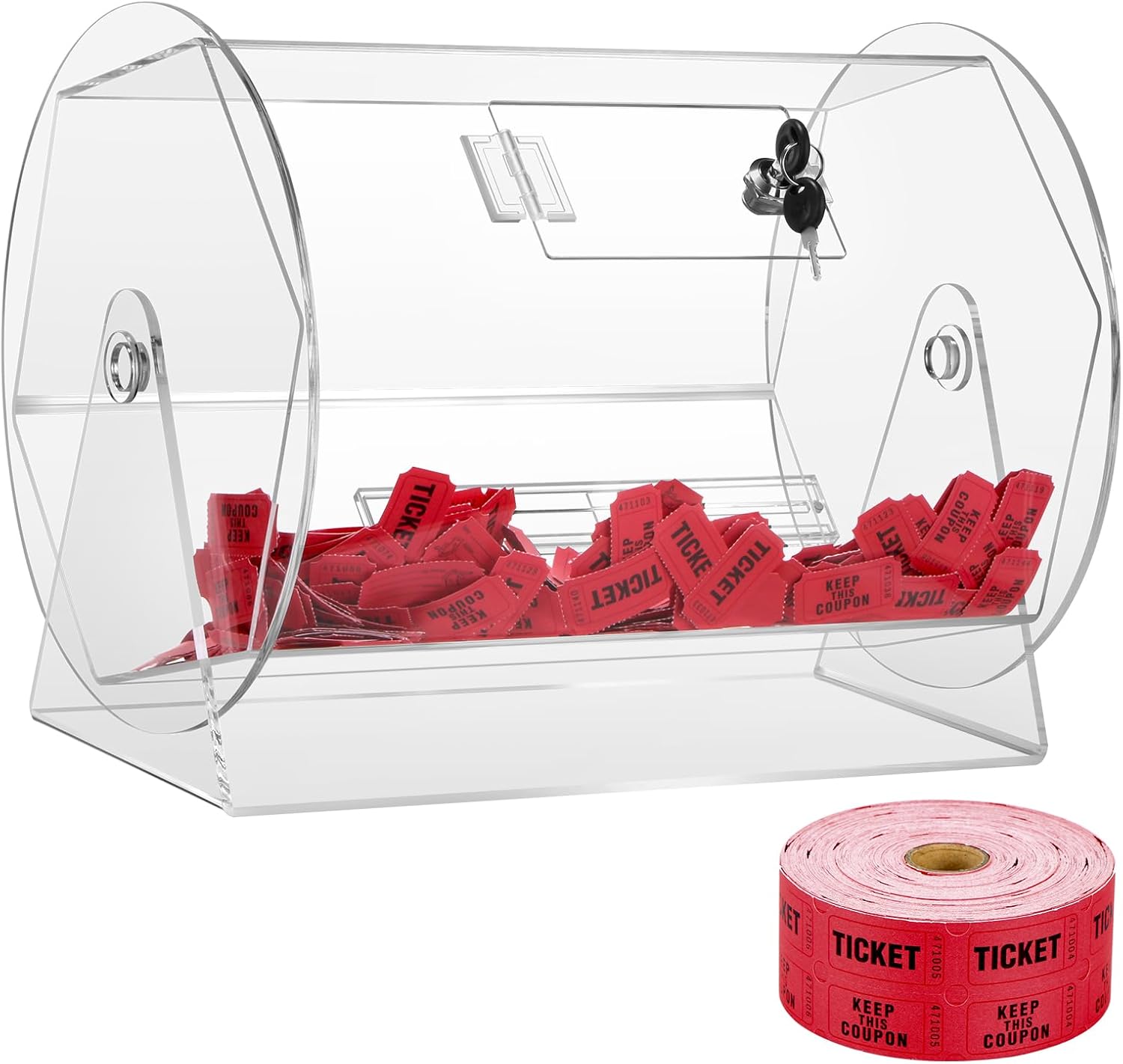 MOJIEZUO Tambor de rifa de acrílico, tambor giratorio profesional con 4000 boletos rojos de rifa doble, caja de boletos de rifa giratoria para