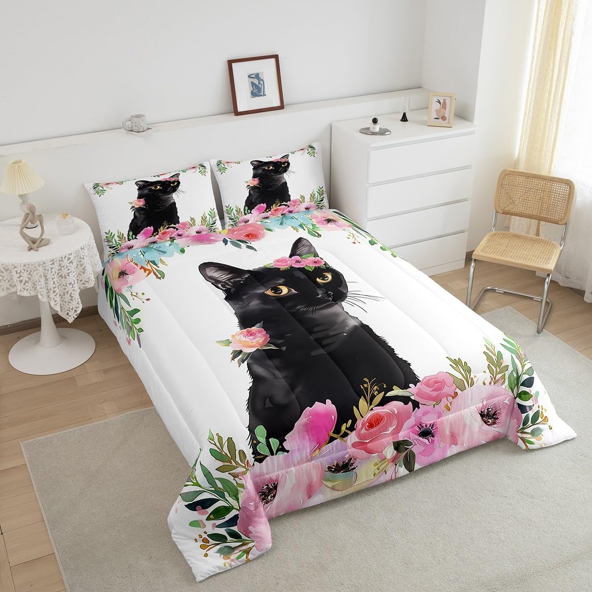 Erosebridal Juego de edredón de gato negro tamaño Queen, juego de ropa de cama de gatito para niños y niñas, bonito edredón de animales para