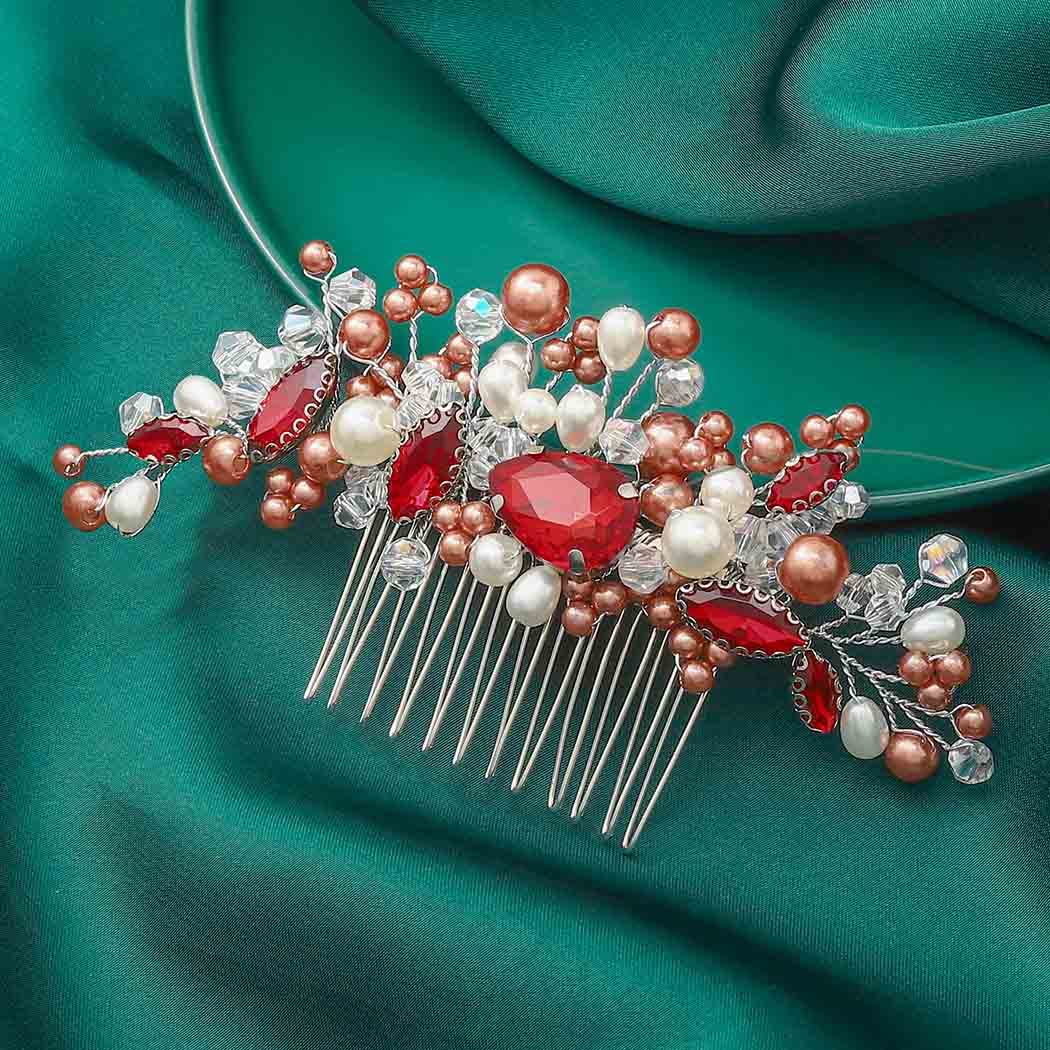 Brishow Peine de pelo rojo con diamantes de imitación de cristal, para boda, pieza de pelo de ópalo vintage, accesorios para el cabello para mujeres