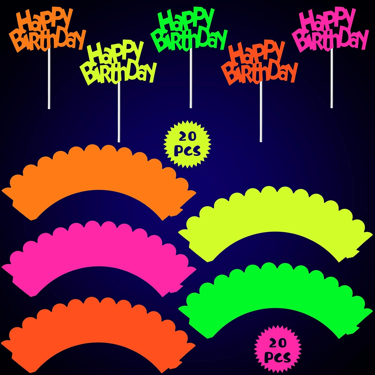 40 piezas que brillan en la oscuridad, decoraciones de neón para cupcakes que brillan en la oscuridad, suministros de fiesta de neón para cupcakes