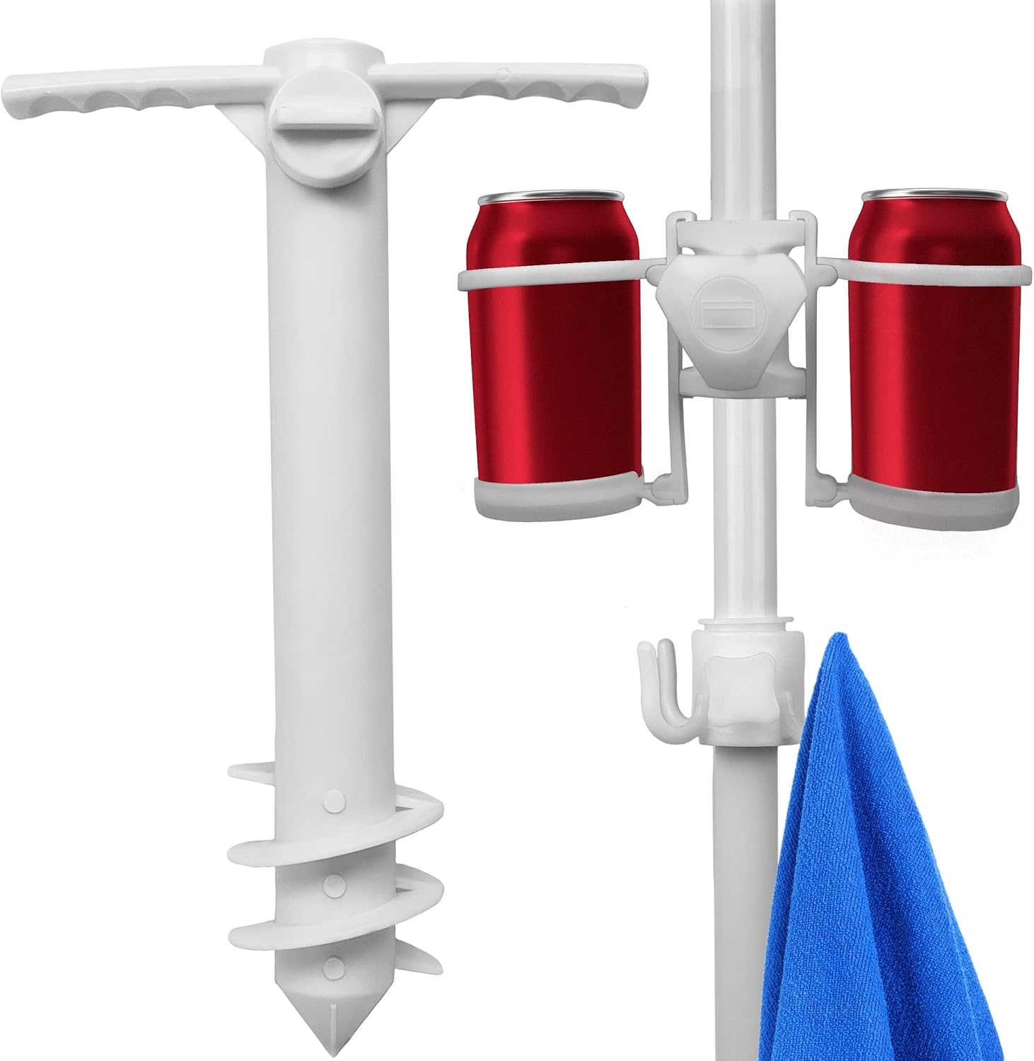 Juego de portavasos de anclaje para sombrilla de arena fácil de instalar y gancho para toalla. Barrena blanca duradera que se adapta a un soporte de