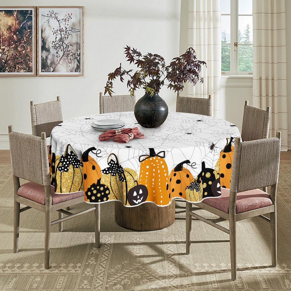 Horaldaily Mantel redondo de Halloween de 70 x 70 pulgadas, diseño de telaraña de calabaza con temática aterradora, lavable, para decoración de