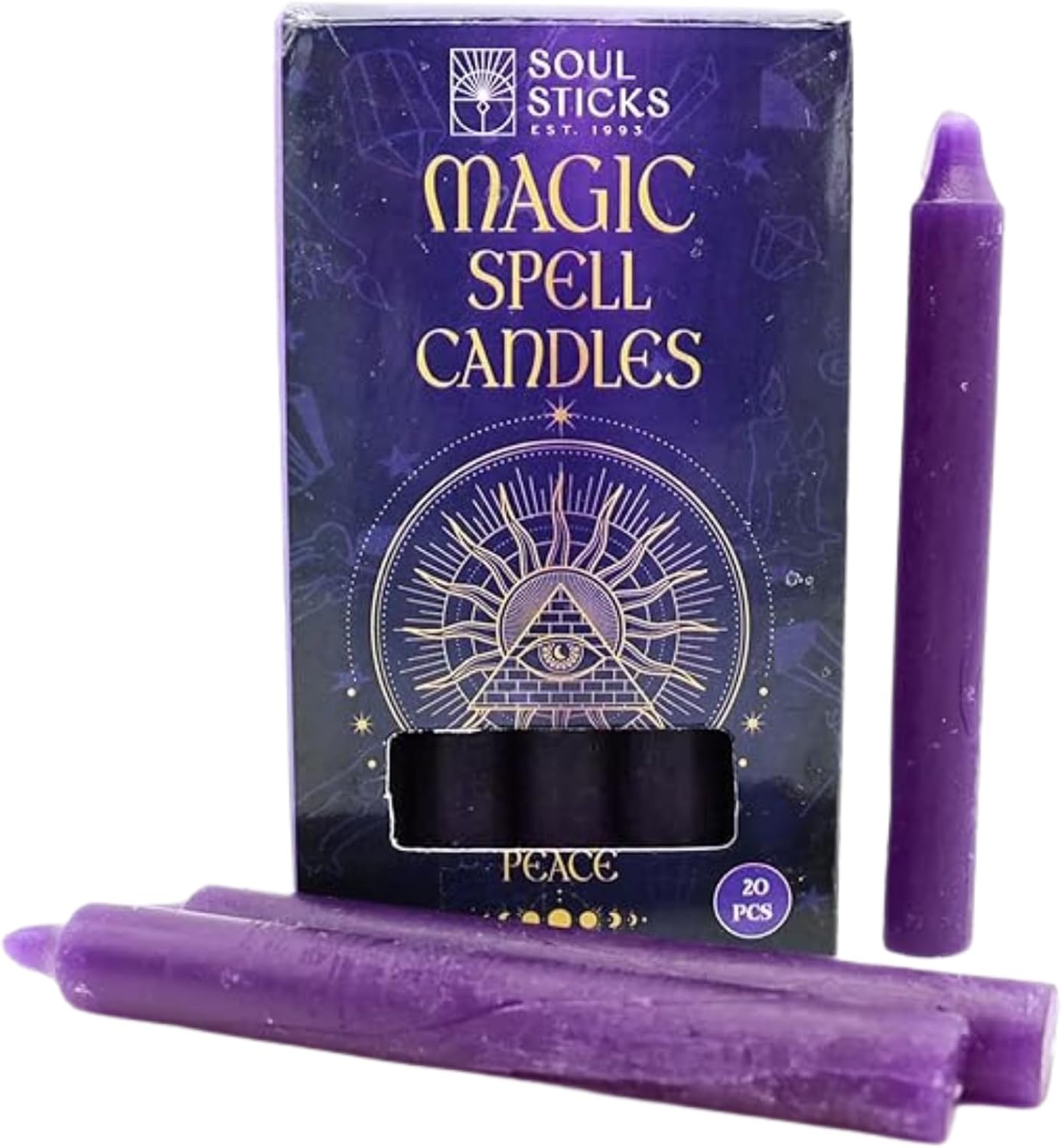 Soul Sticks Peace – Velas cónicas de hechizo mágico de 4 pies, 20 unidades, ideales para altar, rituales, ceremonias, vela púrpura de meditación