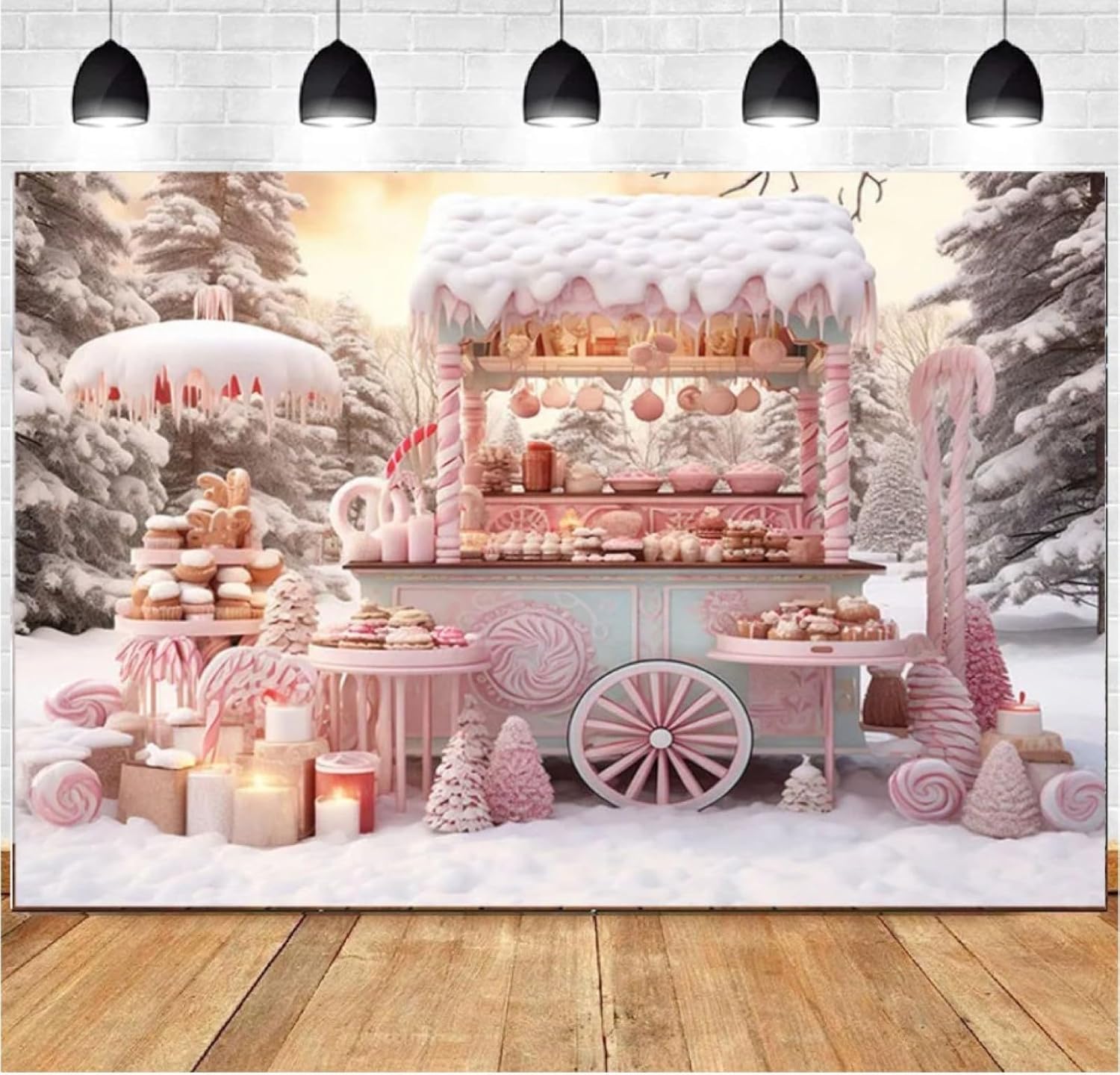 Fondo fotográfico de Navidad rosa de 8 x 6 pies, tienda de dulces de nieve de invierno, árbol de pino, niña, fiesta familiar, decoración de