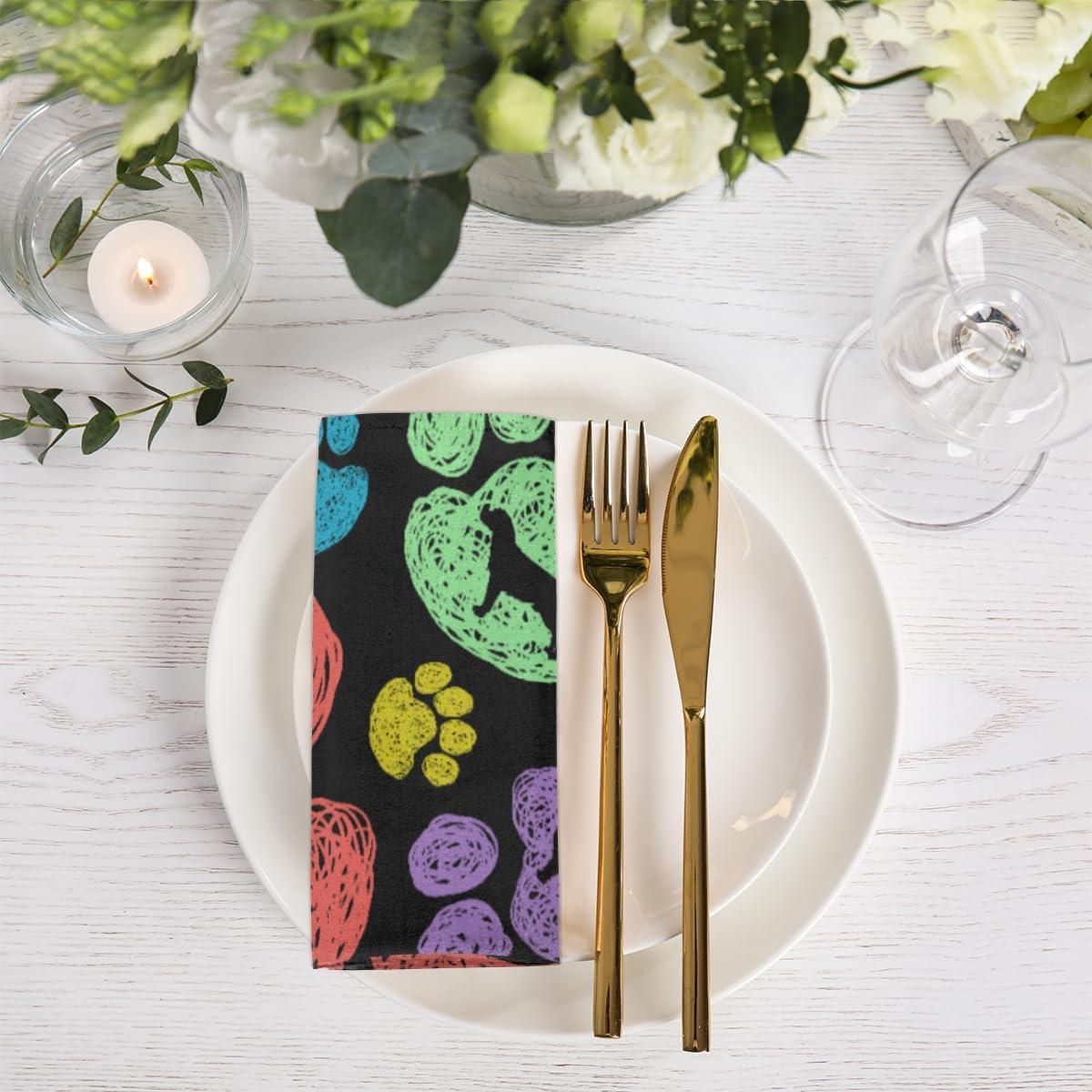 Cloth Napkins Set of 4 Colorful Dog Paw Print 20×20 Inch Cloth Napkins Cute Animal Paw Print Washable Reusable Kitchen Dinner Napkins Table Decor