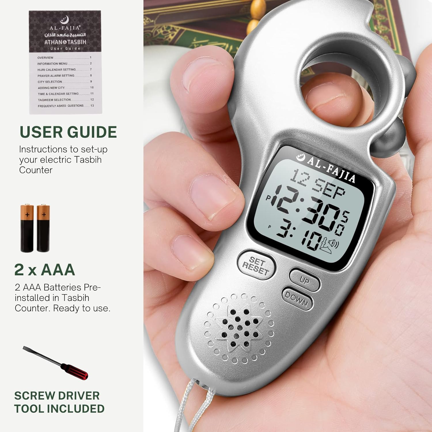 AL-FAJIA Contador digital Tasbih digital con recordatorio de sonido islámico y recordatorio, reloj Azan completo para Estados Unidos y en todo el