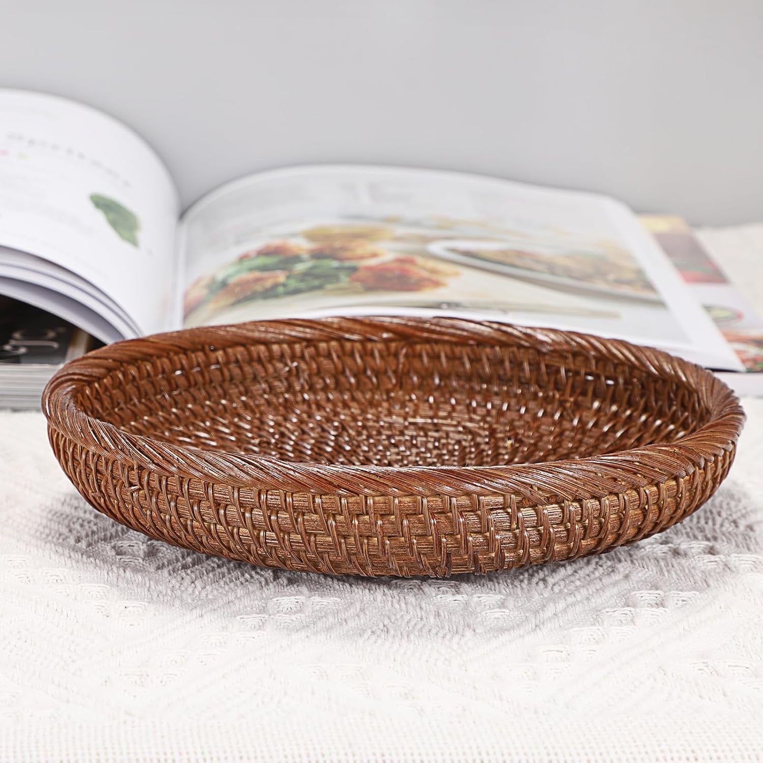 Hipiwe Cesta pequeña para llaves para entrada, cesta redonda de mimbre tejida de 7.6 pulgadas, bandeja para servir frutas, cesta tejida para