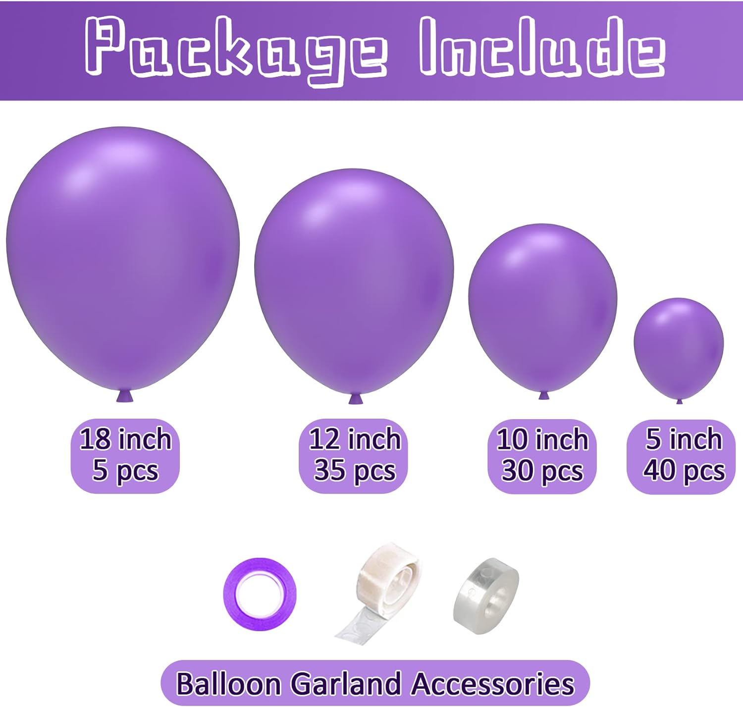 JOYYPOP Globos morados de 110 piezas de guirnalda de globos morados, diferentes tamaños, 5, 10, 12, 18 pulgadas, globos morados para decoración de