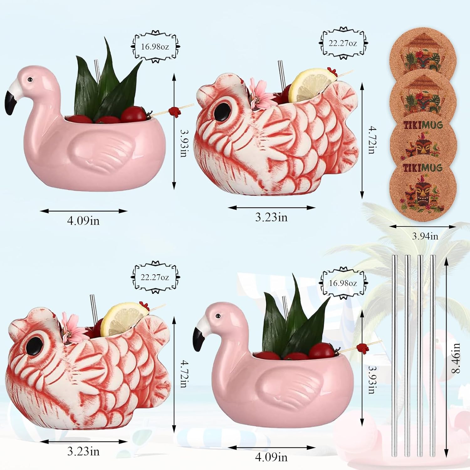 Juego de 4 tazas Tiki para cóctel y jugo, lindo juego de regalo de taza tiki de cerámica, copas de cóctel con forma de animal para fiesta hawaiana,