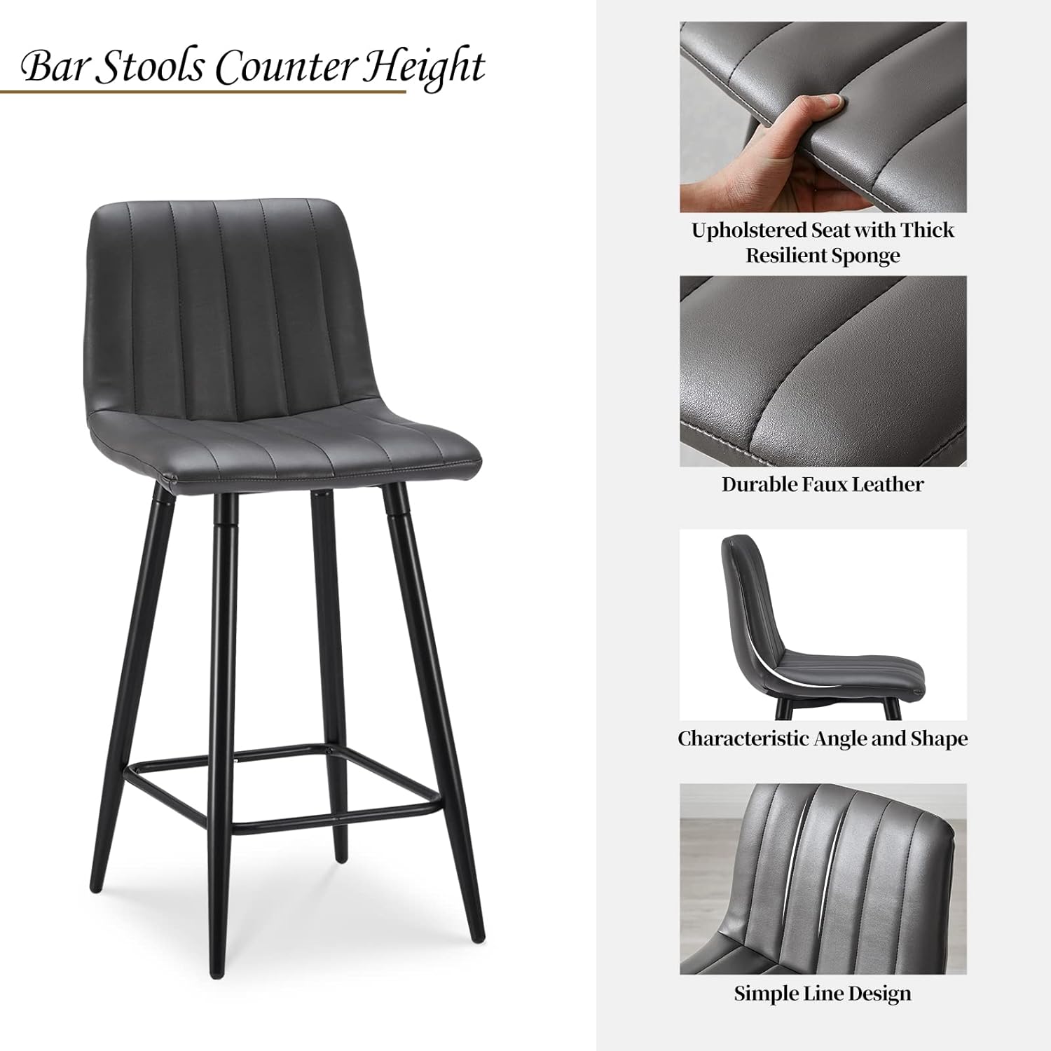 TUKAILAI Juego de 4 taburetes de bar de piel sintética, sillas modernas con respaldo, reposapiés y patas de metal, taburetes de bar sin brazos para