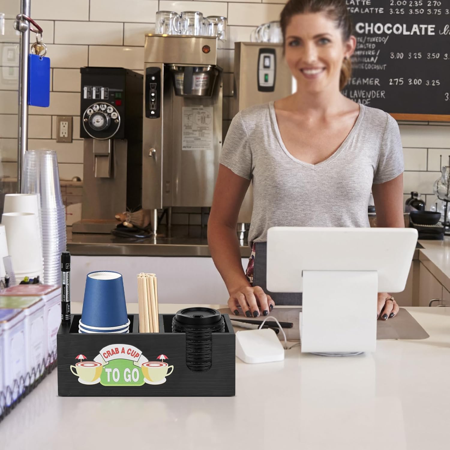 Accesorios y organizador de cafeterías dispensador de tazas de café, decoración de barra de café de madera, dispensador de tazas desechable, soporte