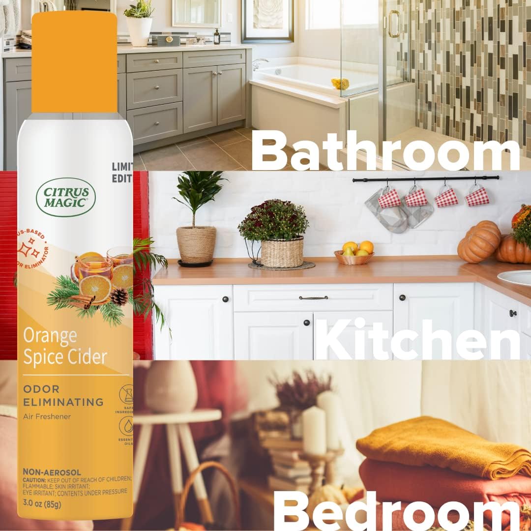 Citrus Magic Spray ambientador natural eliminador de olores de edición limitada, sidra de especias de naranja, 3 onzas, paquete de 3