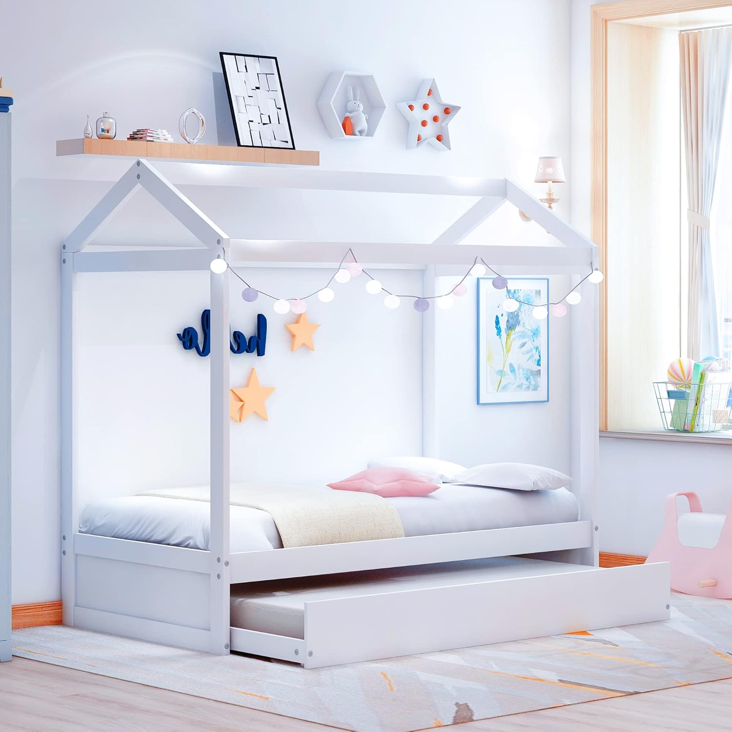 Harper & Bright Designs Cama individual de casa para niños, marco de cama de tamaño individual con nido y techo, cama de casa de juegos para niños,
