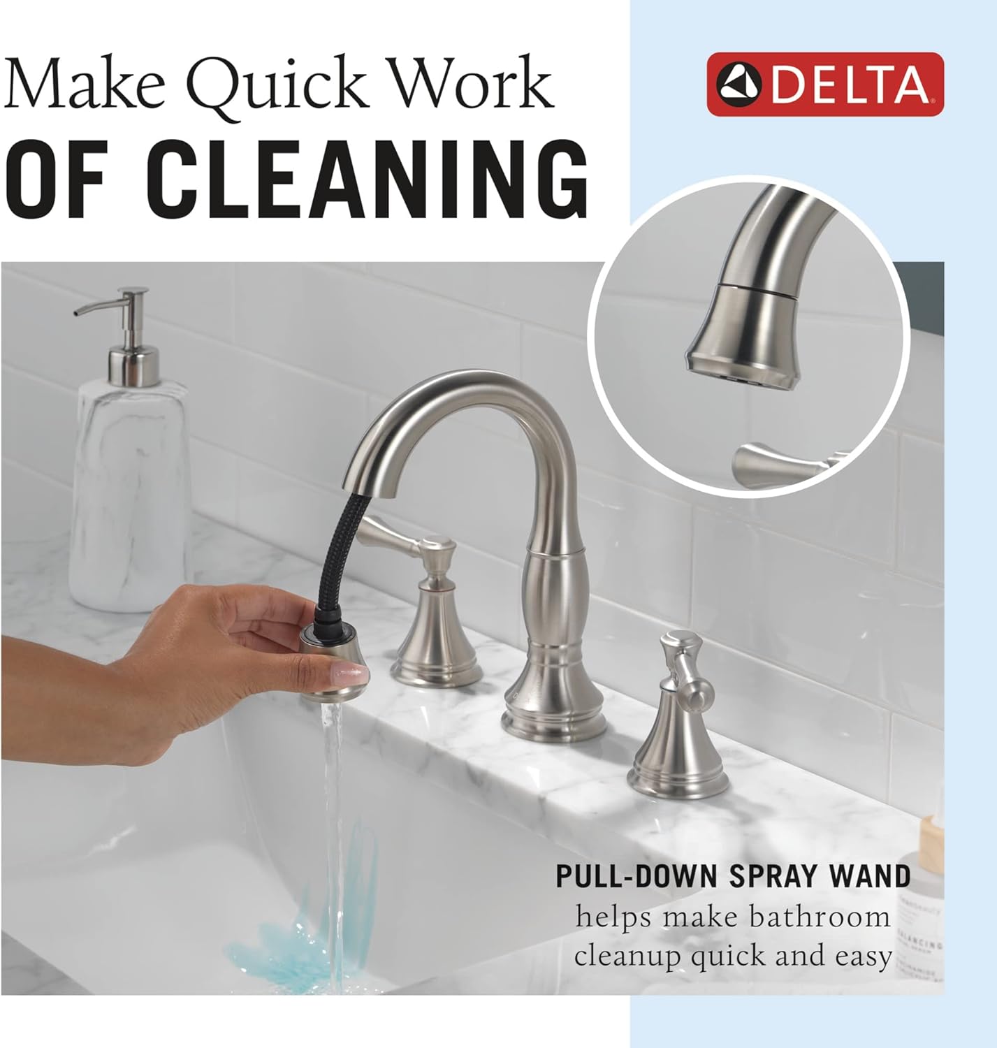 Delta Faucet Cassidy – Grifo de baño extraíble, grifo de baño generalizado de níquel cepillado de 3 agujeros, grifo de fregadero de baño con