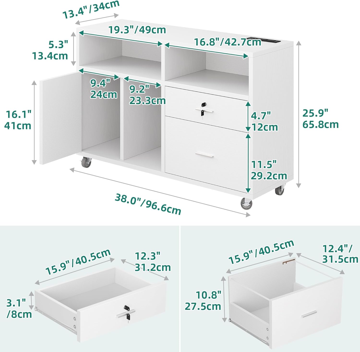 YITAHOME Archivador lateral de madera, gabinete de almacenamiento móvil de 2 cajones, se adapta a A4, soporte para impresora de letras y documentos