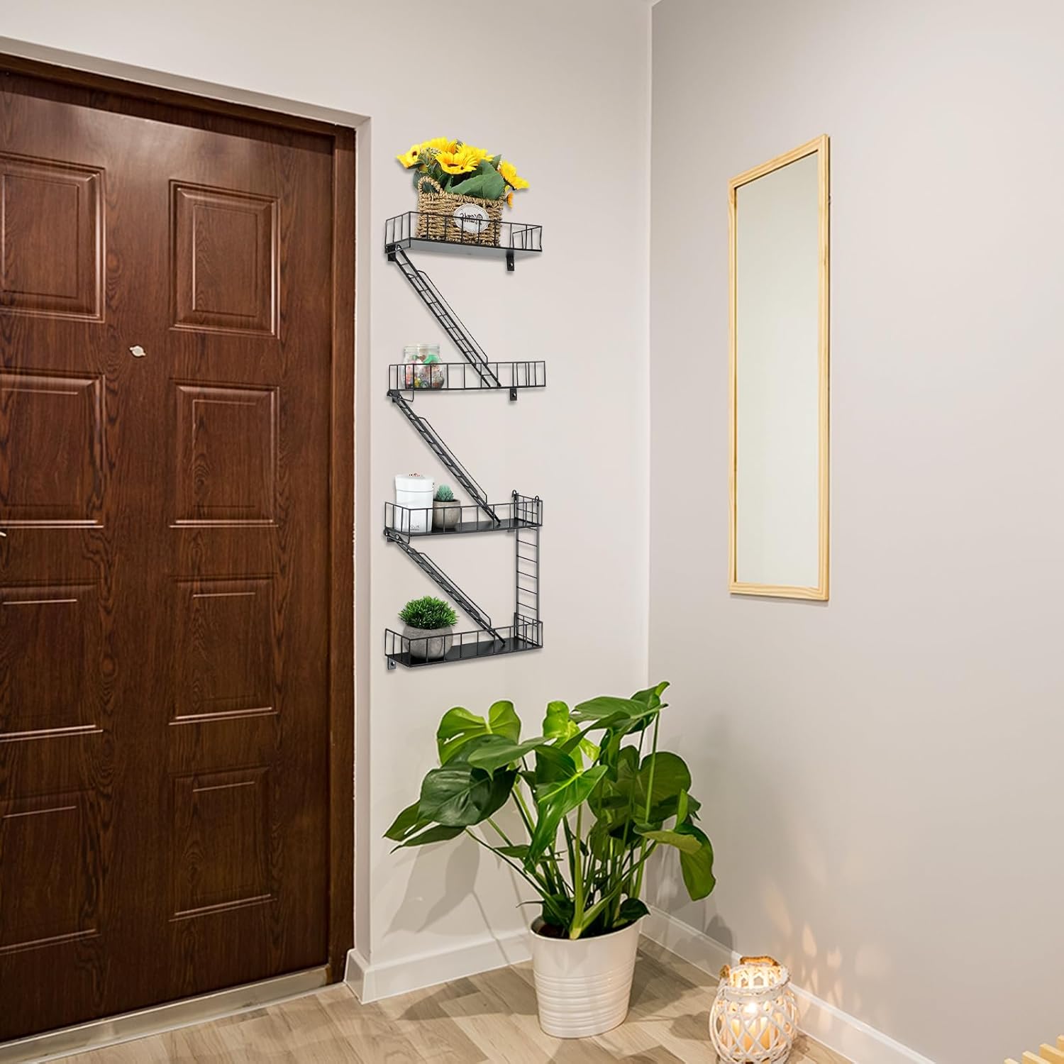 Zonon Estante de escape de incendios, estantes colgantes de pared, decoración de escalera de metal, estantería genial, organizador de pared,