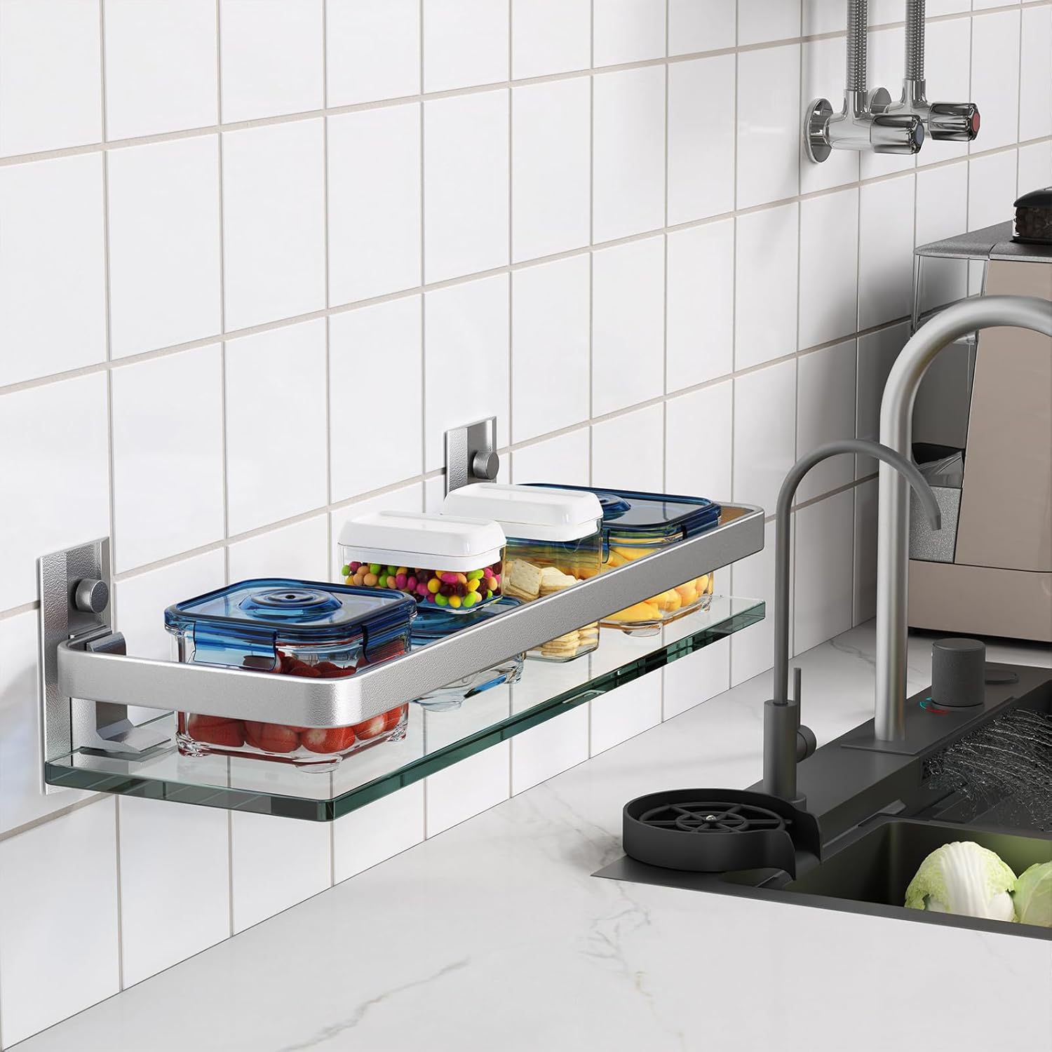 Danpoo Estante de pared de baño, estante de baño de vidrio templado (plata mate)