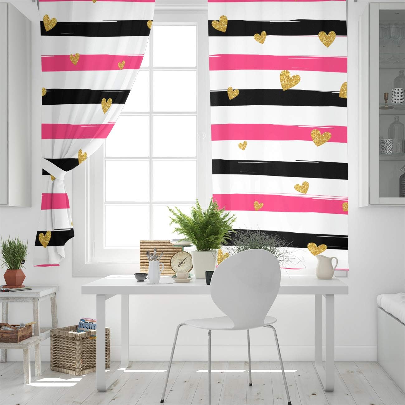 Blackout Curtains Thermal Insulated Pink Black White Stripes Gold Heart Shape Solid Pattern Metal Grommet Elegant Room Drapes Window Curtain for