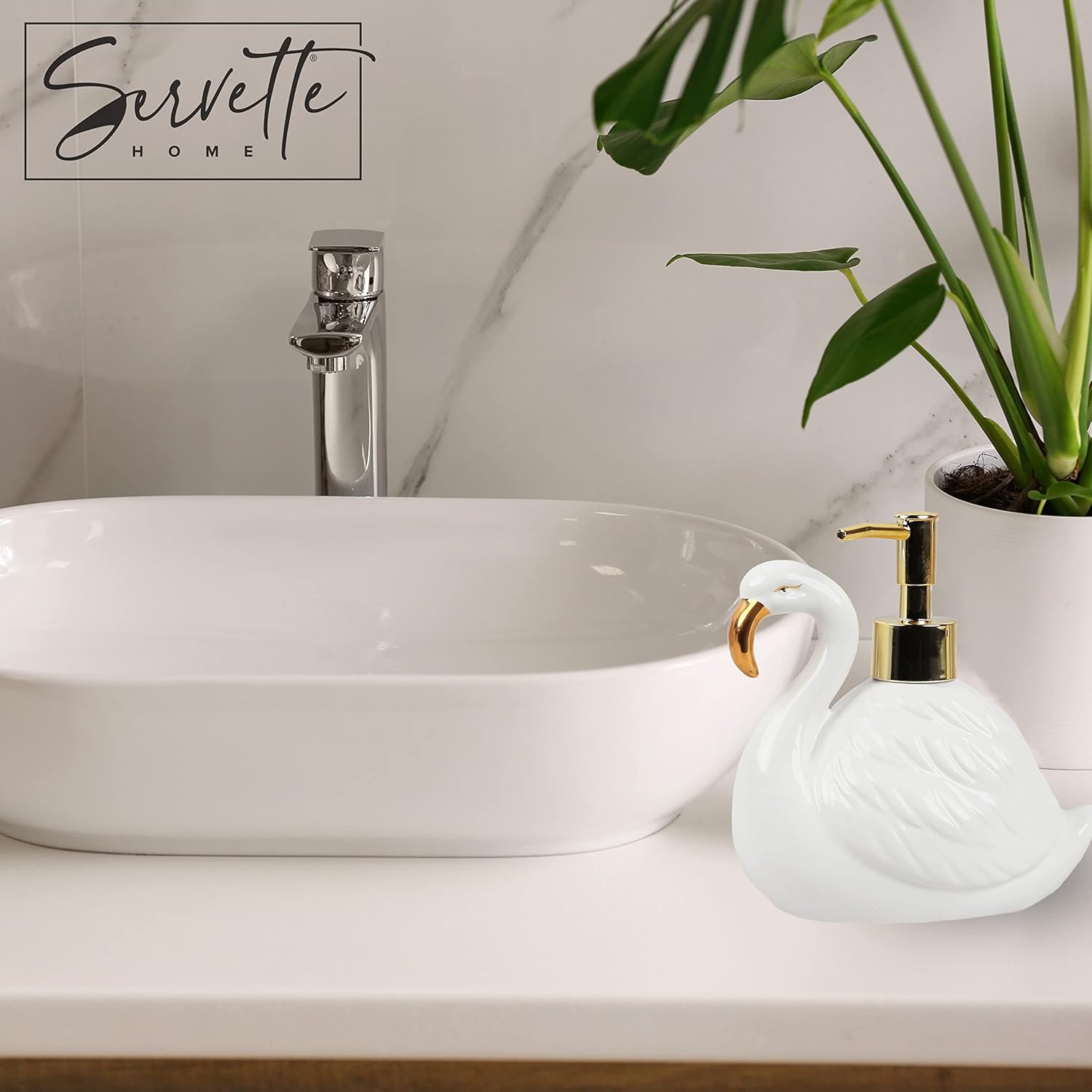 Dispensador de jabón flamenco con bomba para fregadero de baño o cocina, cisne blanco