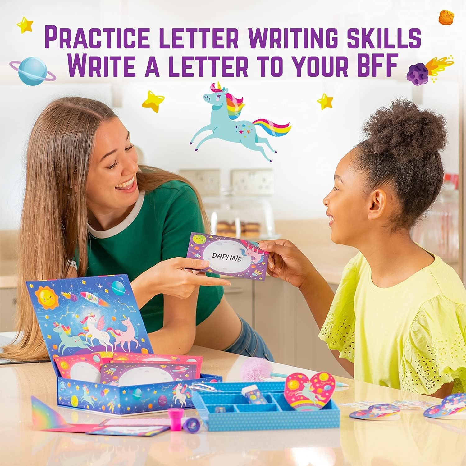 GirlZone Unicorn Cosmic Galaxy – Juego de escritura para niñas, kit de escritura de letras de 45 piezas para niñas creativas, regalo mágico de