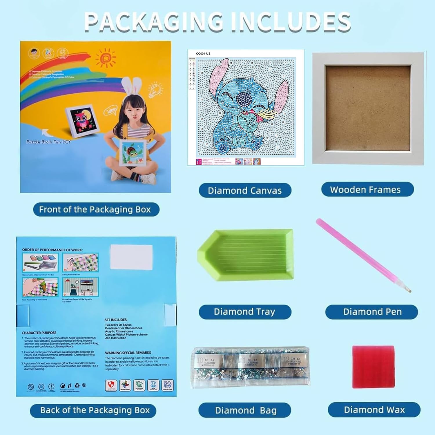 pvoodire Kits de pintura artística de diamantes para niños con marco, arte de diamantes para niños de 4 a 8 a 12 años, kit de arte de gemas fácil