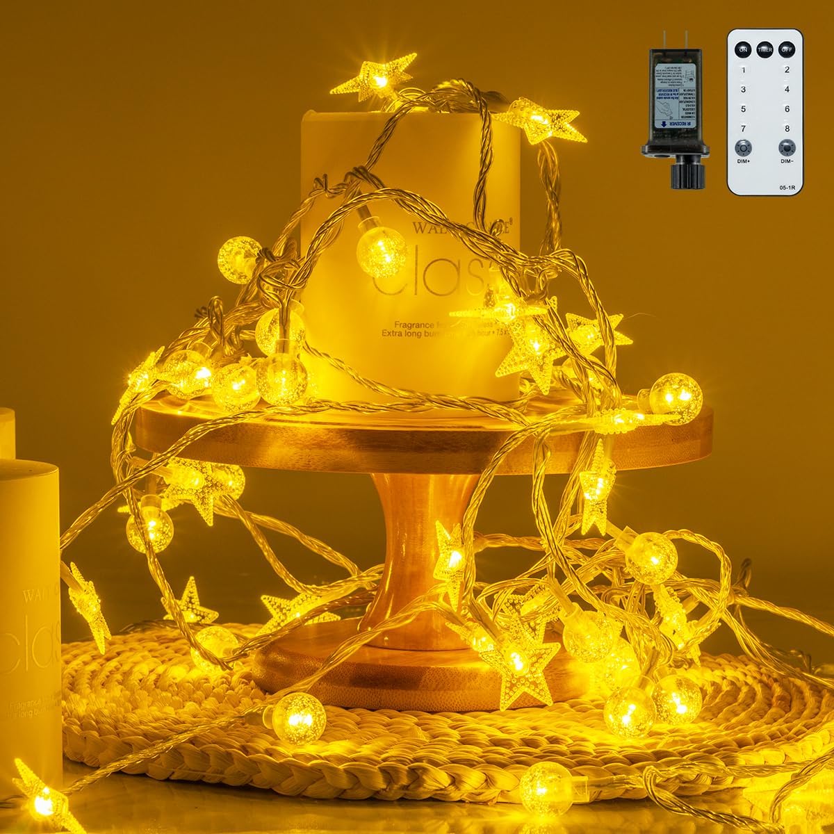 BiteBoom Cadena de luces LED de alta calidad con 100 bolas de burbujas y 100 estrellas, impermeable y duradera, 8 modos de iluminación, función de