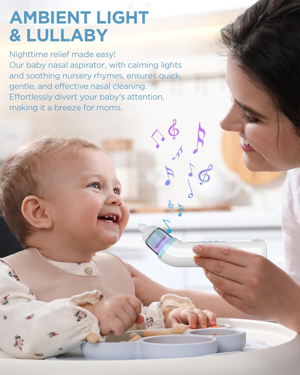Aspirador nasal para bebé, recargable eléctrico con 3 puntas de silicona y música, luz colorida, limpia automáticamente la nariz del bebé, azul