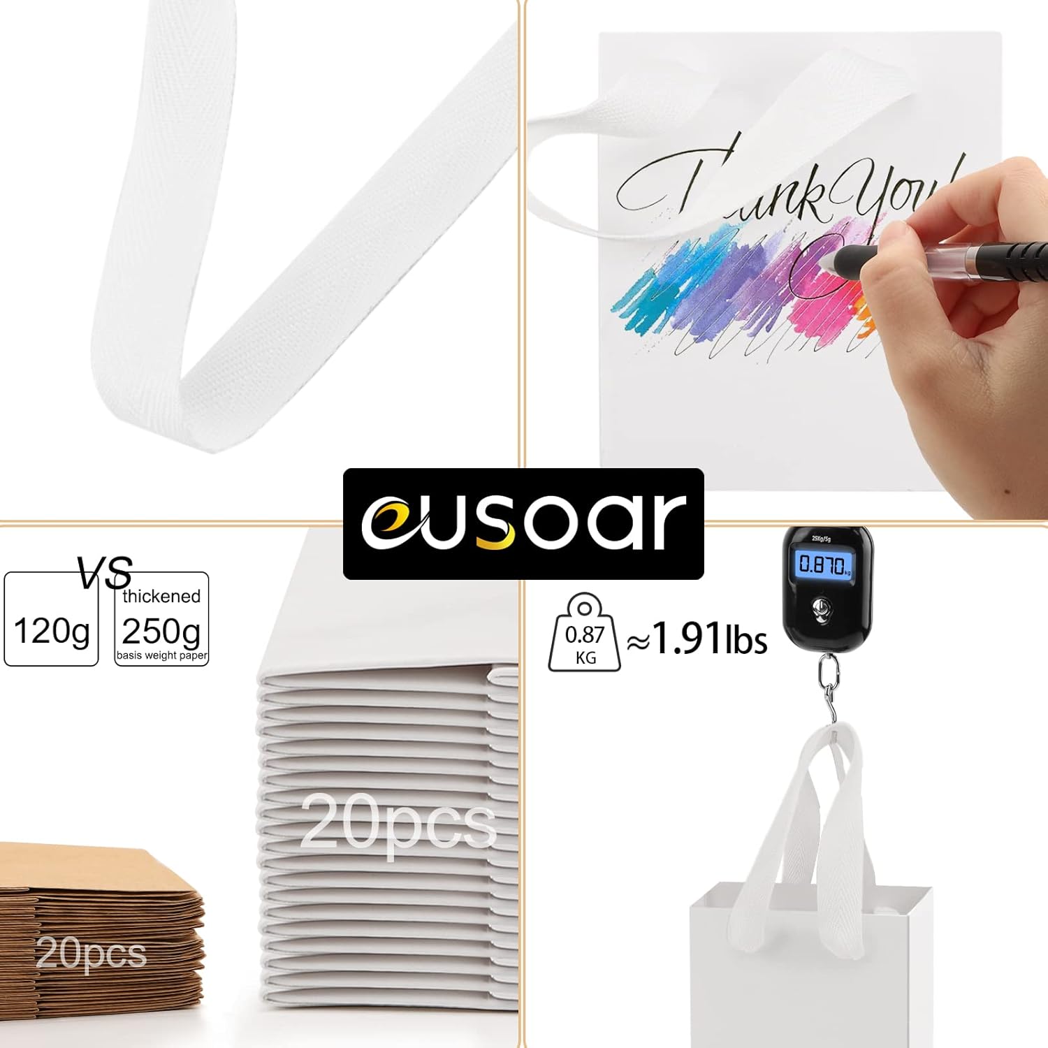 EUSOAR Bolsas de papel de estraza de regalo con asas, paquete de 20 bolsas de papel kraft blancas pequeñas de 4 x 2.75 x 4.5 pulgadas, a granel,