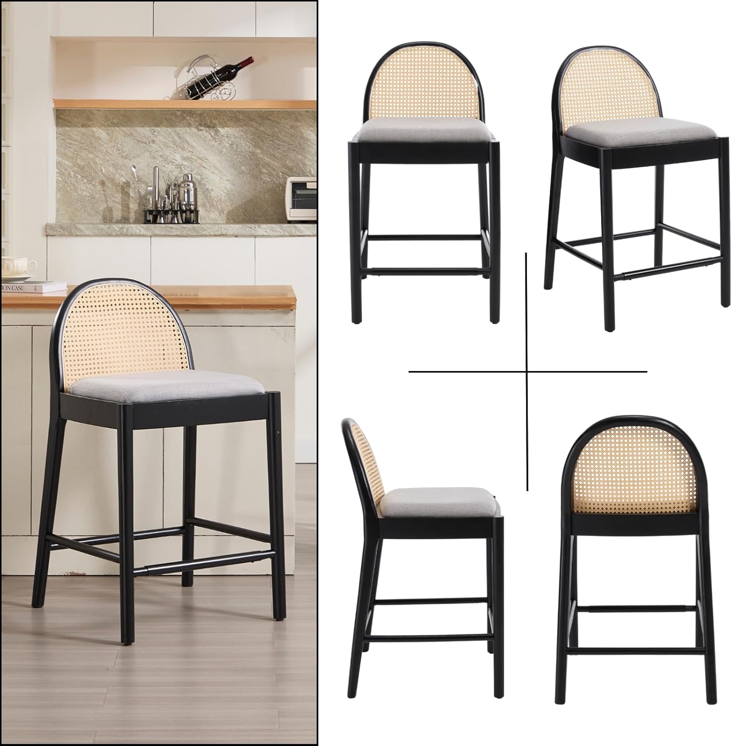 HEAH-YO Juego de 2 taburetes de ratán de 26 pulgadas de altura de mostrador con respaldos de ratán y patas de madera, taburete de cocina tapizado de