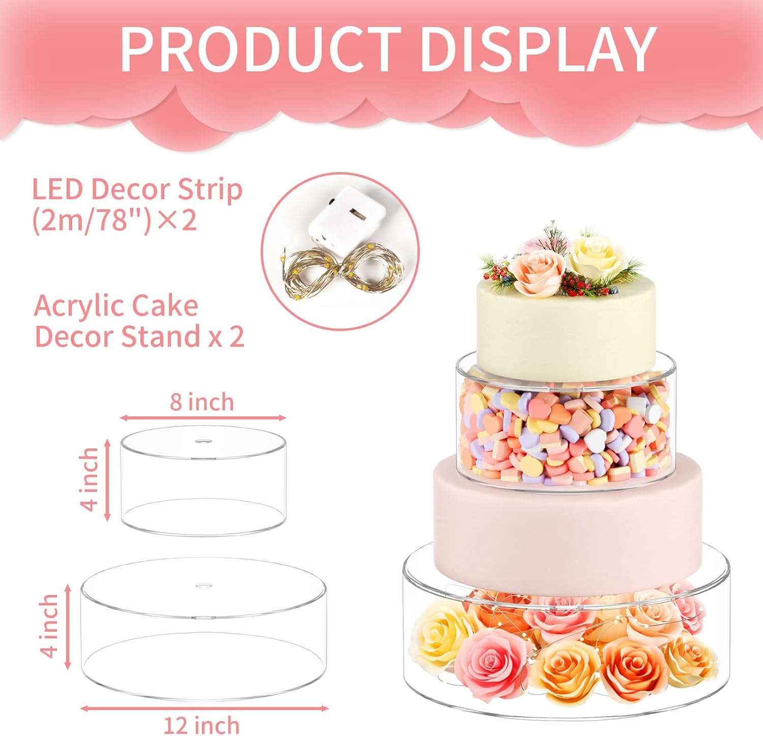 2 soportes de acrílico rellenables para tartas, nivel elevador de pasteles, caja de exhibición cilíndrica redonda, centro de mesa decorativo para