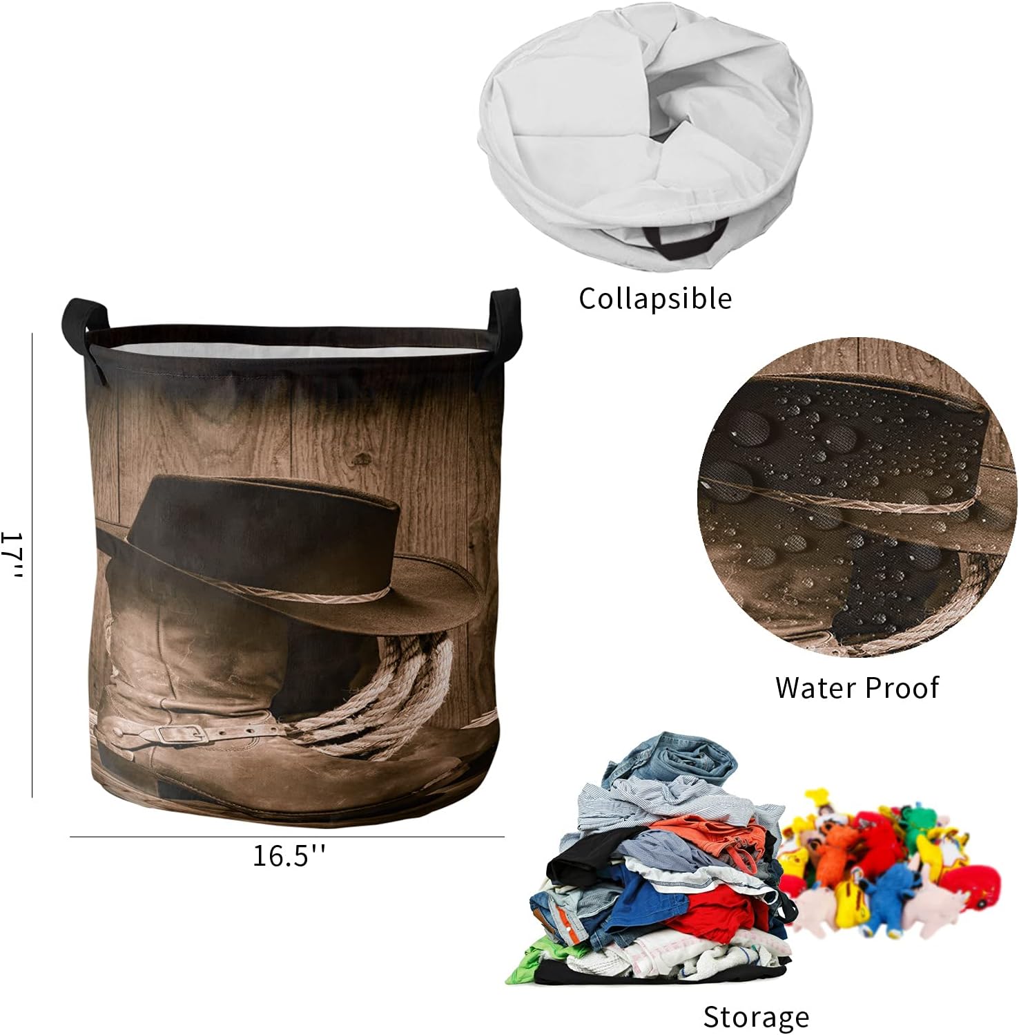 Cestas grandes de tela Oxford para la ropa sucia, plegable, impermeable, cesta de lavado rústica, sombrero de vaquero, botas y cuerda de rancho