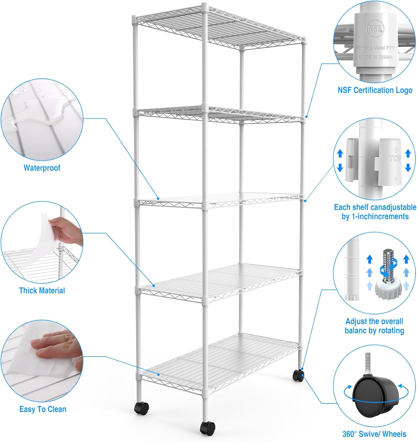 Estantería de alambre NSF de 5 niveles, 14 x 30 x 60 pulgadas, capacidad de 750 libras, estante de metal de almacenamiento ajustable con ruedaspatas