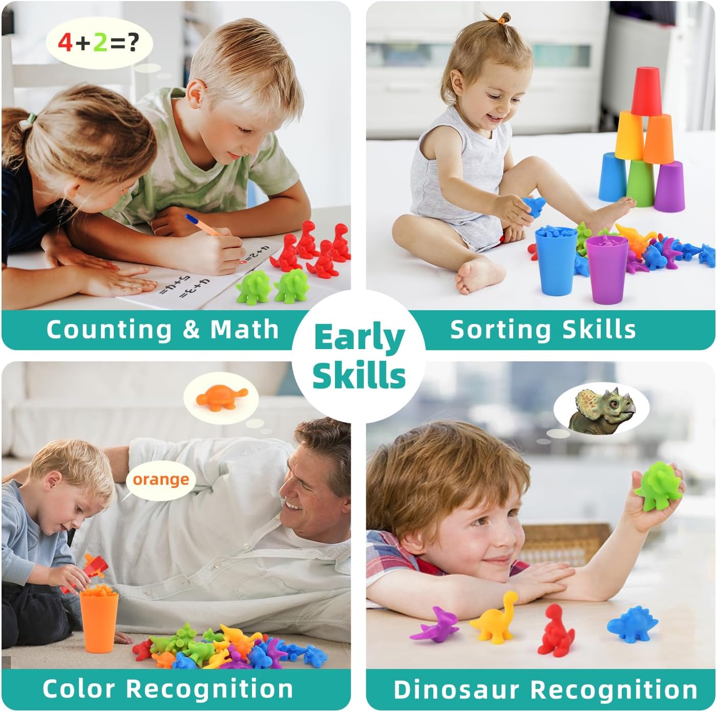 Juguetes de dinosaurios mejorados para contar y clasificar, juego de dinosaurios a juego de clasificación de colores con tazas y dados apilables,