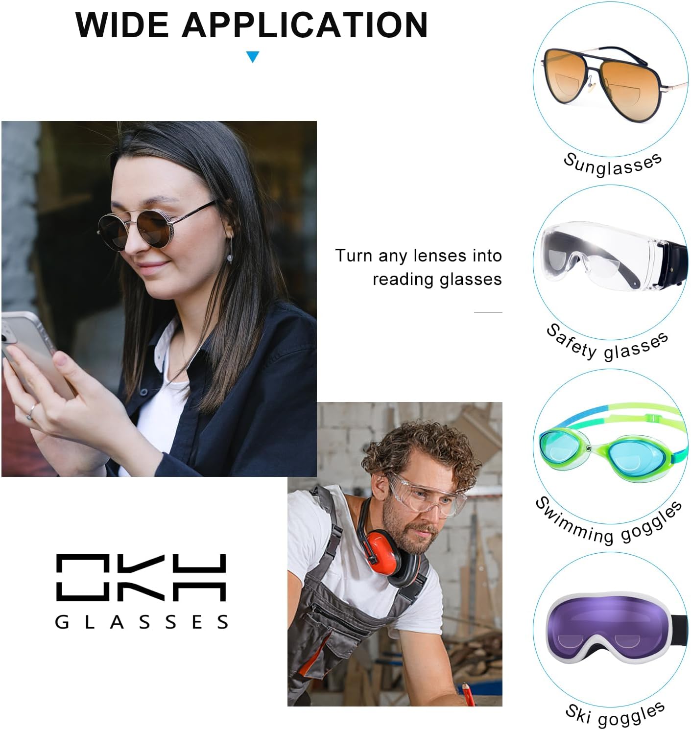 OKH 2 Pack Stick-on Bifocal Lenses, Convert Sunglasses, Goggles, or Glasses into Magnified Readers, Reusable, No Water Needed