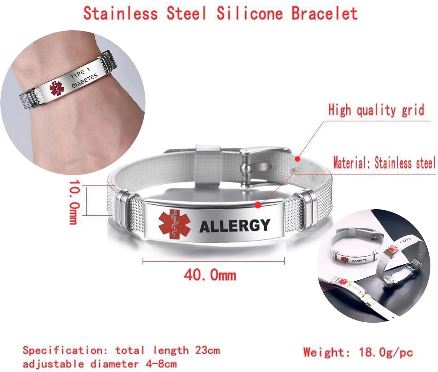 Pulsera de identificación médica de acero inoxidable, diseño de correa de reloj de rejilla, ajustable, identificación de alerta médica de