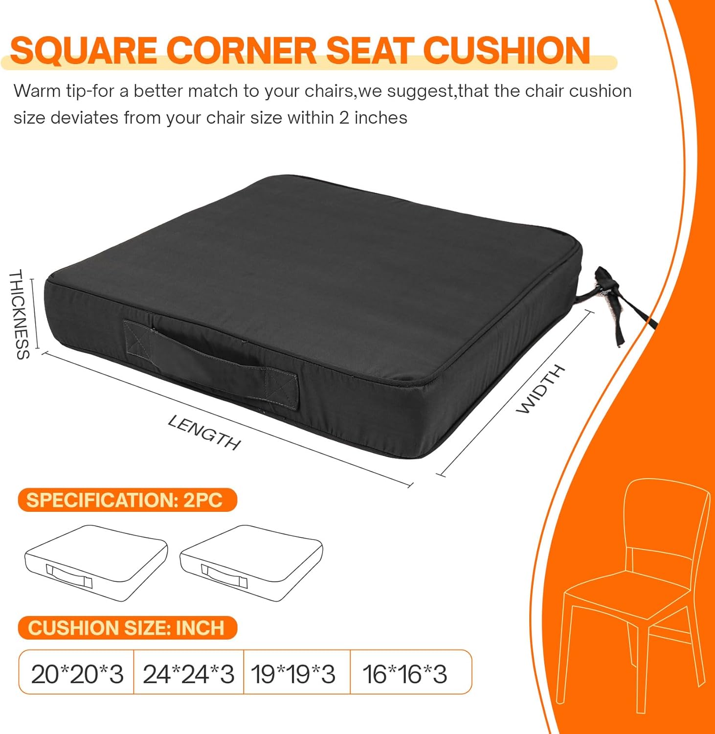 RULAER Cojines para silla de 20 x 20 x 3 pulgadas, para exteriores, doble tubería, impermeable, para patio, lavable con asa de transporte, para