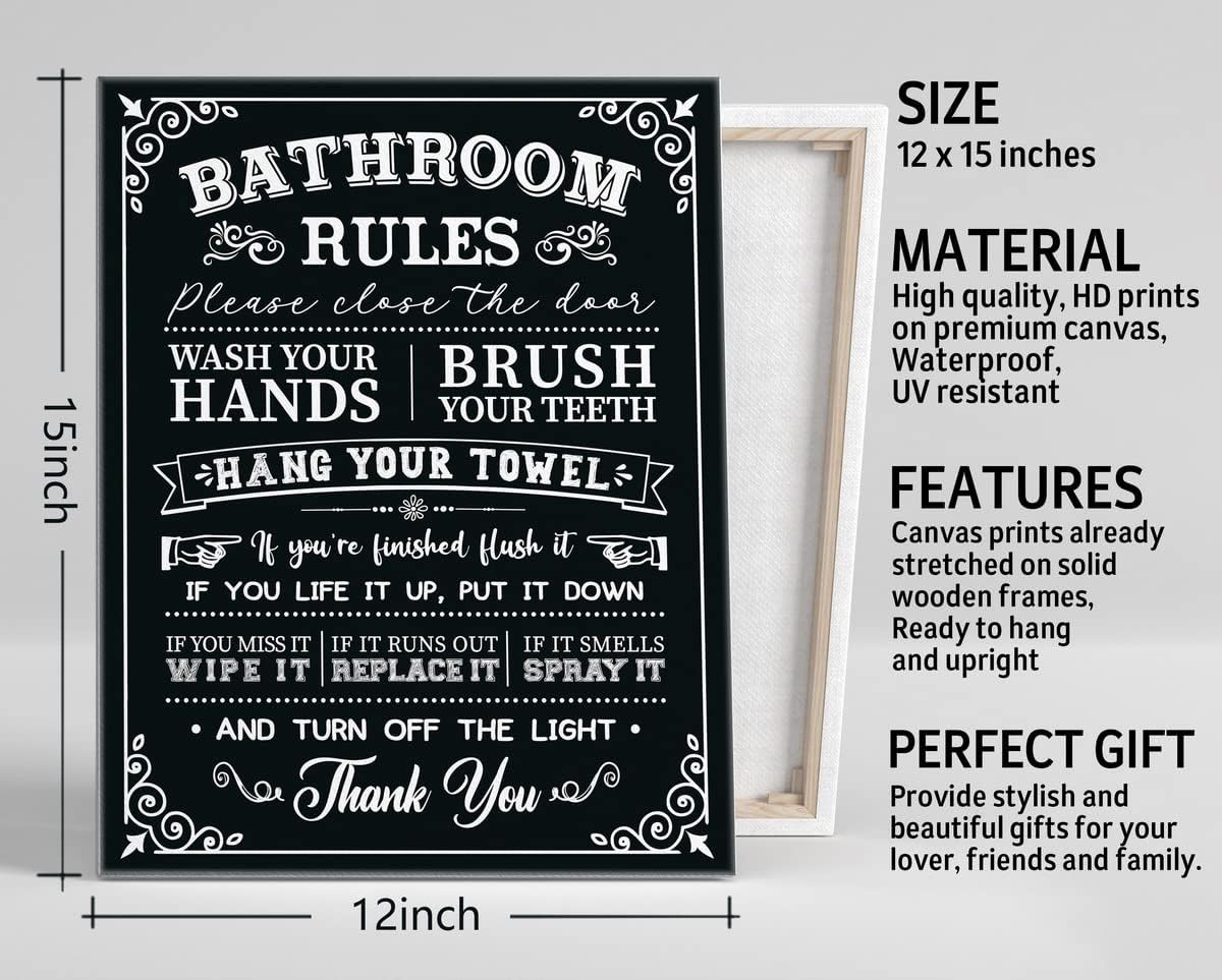 Lienzo decorativo de pared para baño, divertidos letreros rústicos con reglas de baño, impresiones en lienzo, póster de pared para decoración de