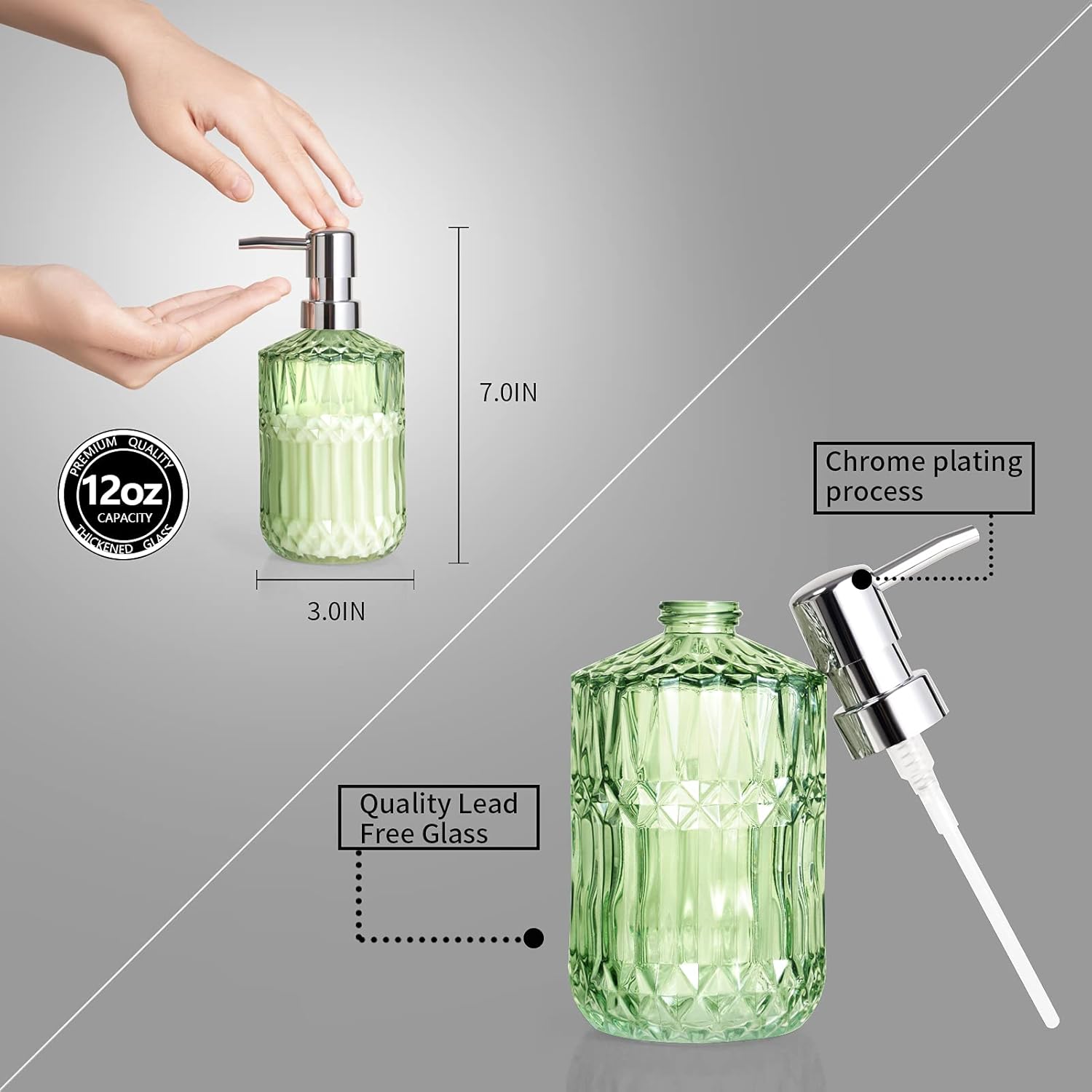 Diamond Design – Dispensador de jabón de vidrio verde de 12 onzas, dispensador de jabón de loción recargable para baño, cocina, jabón de manos,