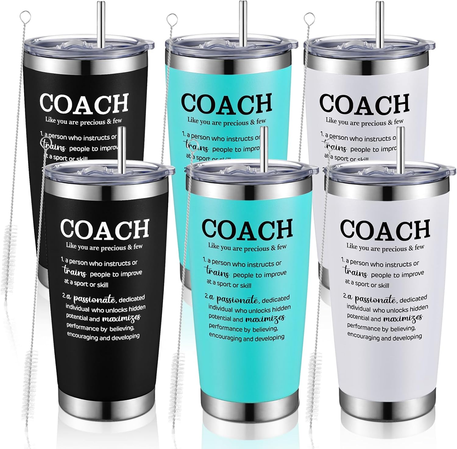 Paquete de 6 vasos de viaje de acero inoxidable de 20 onzas con tapa, popote y cepillo, regalo de agradecimiento para hombres y mujeres, voleibol,