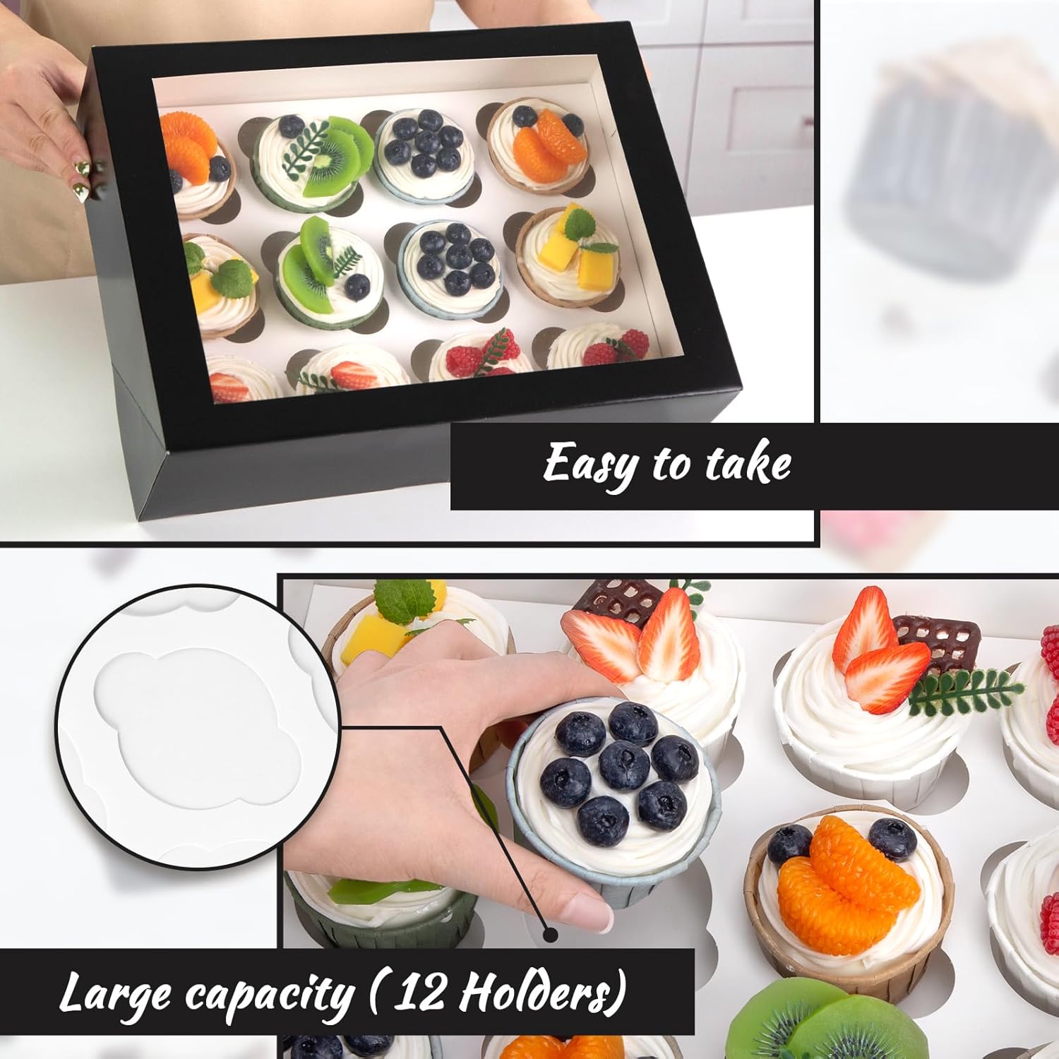 VGOODALL 6 recipientes para cupcakes con ventana, soporte negro para cupcakes con inserto de caja de pastelería, 12 unidades con capacidad para 72