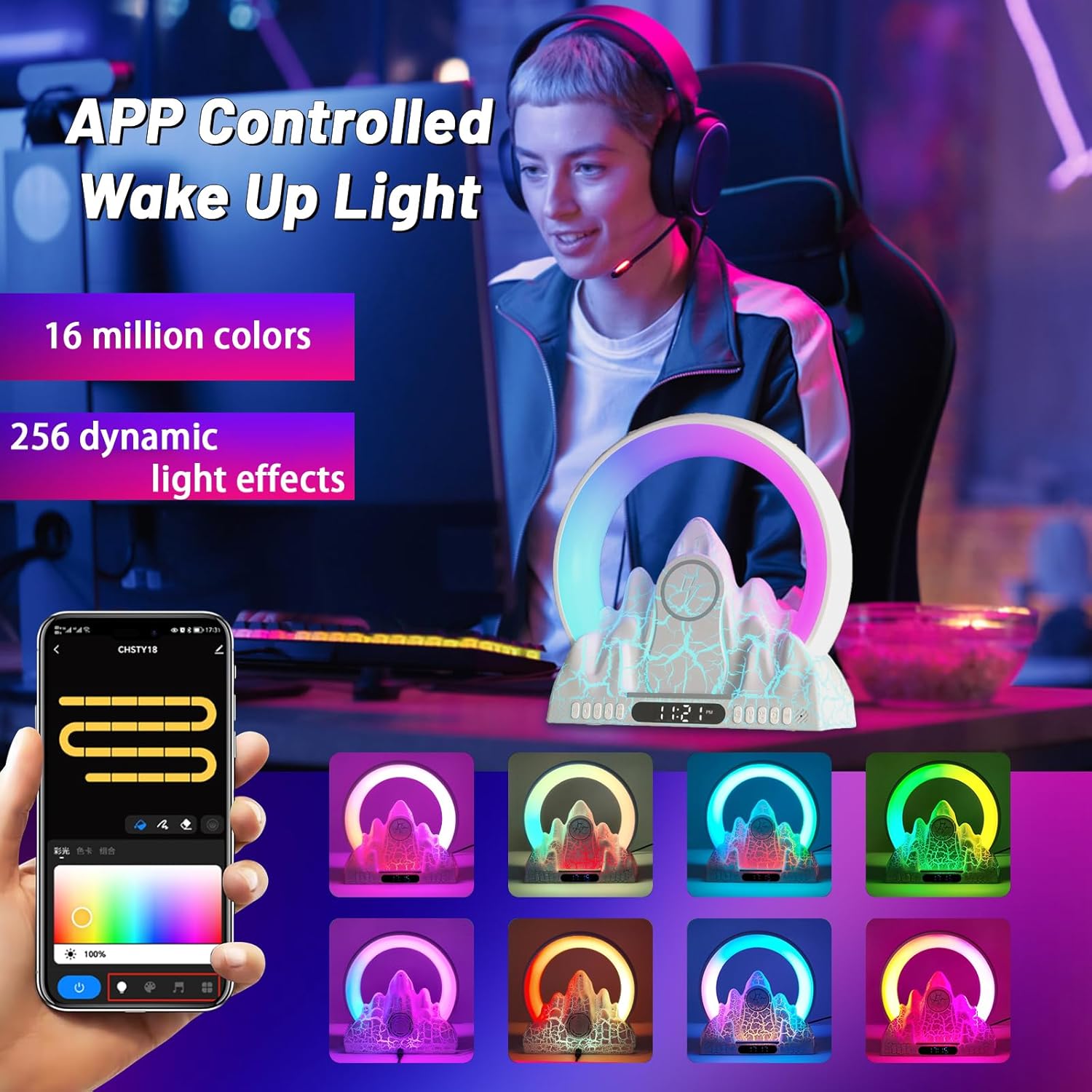 Reloj despertador Sunrise con luz de despertador, reloj despertador de luz inteligente con carga inalámbrica y 16 millones de colores, 10 altavoces