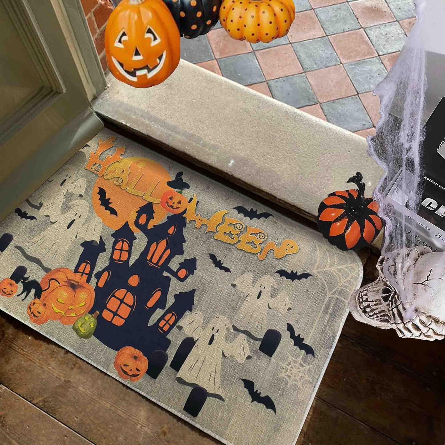 boilopp home Tapete de Halloween antideslizante para puerta delantera, decoración de Halloween, para interiores y exteriores, de bajo perfil, de