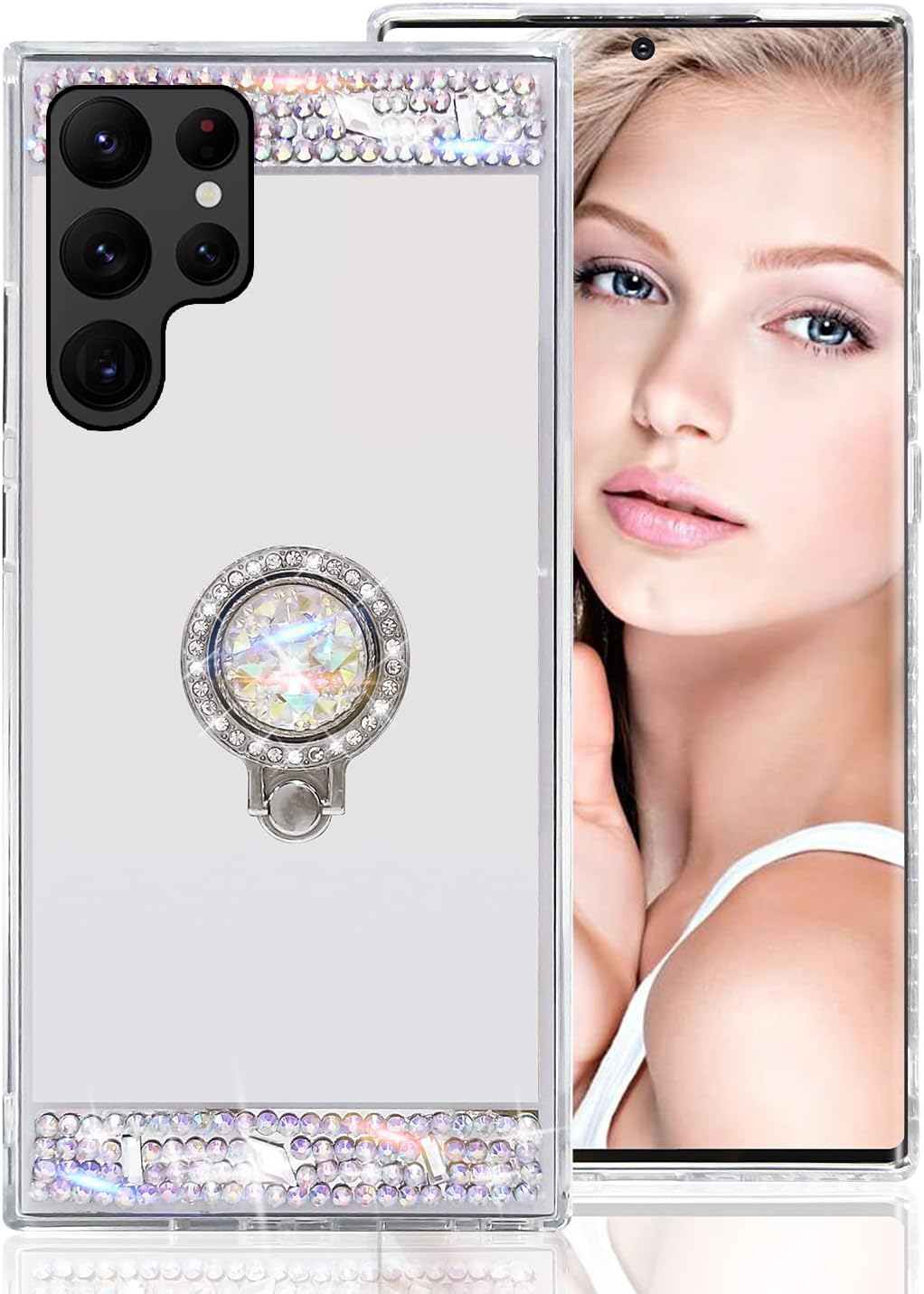 LUVI Compatible con Galaxy S22 Ultra – Funda de espejo de maquillaje con diamantes de imitación con soporte de anillo, soporte de soporte, linda