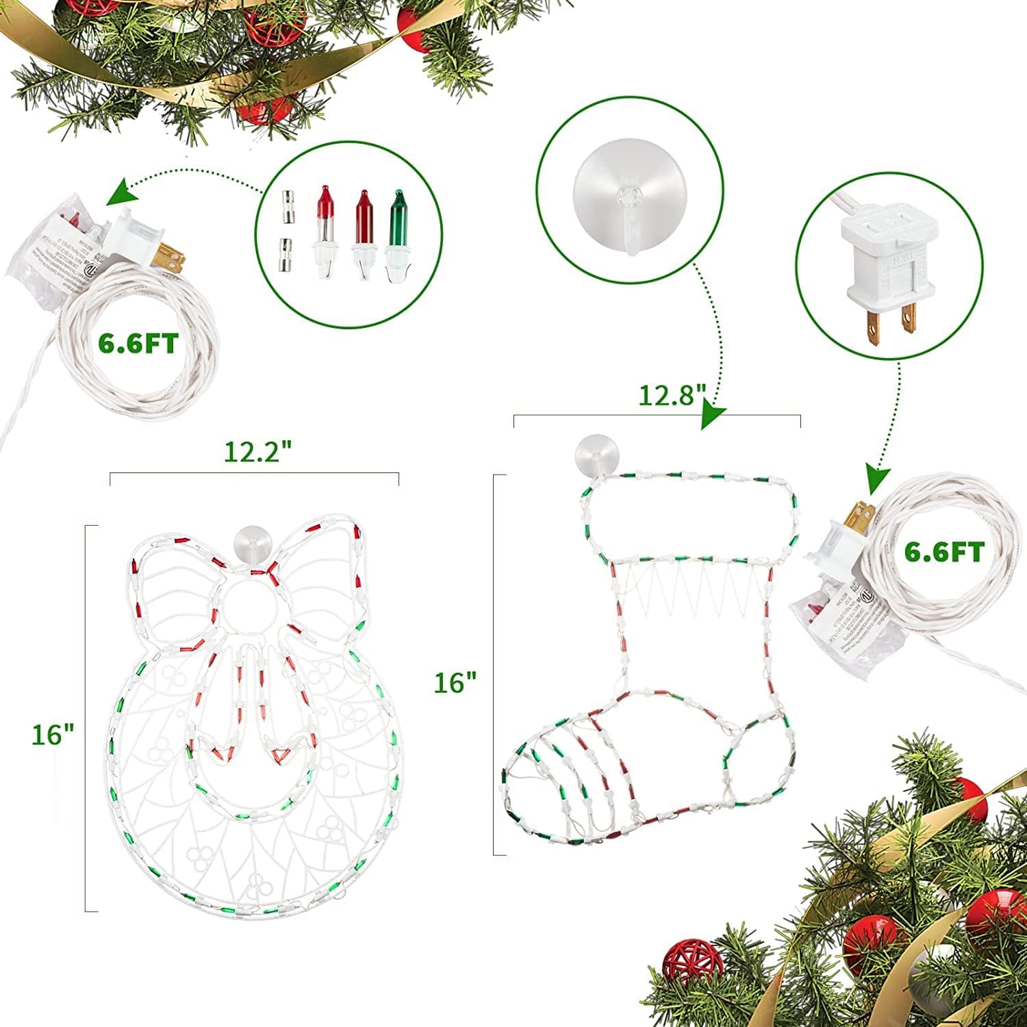 Paquete de 4 luces de bastón de caramelo iluminado, corona, medias, árbol de Navidad, silueta de ventana, decoración de ventana para Navidad,