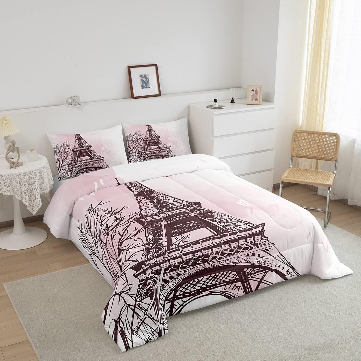 Juego de edredón de la Torre Eiffel, tamaño individual, juego de ropa de cama romántica de San Valentín, rosa y blanco, edredón para mujeres y