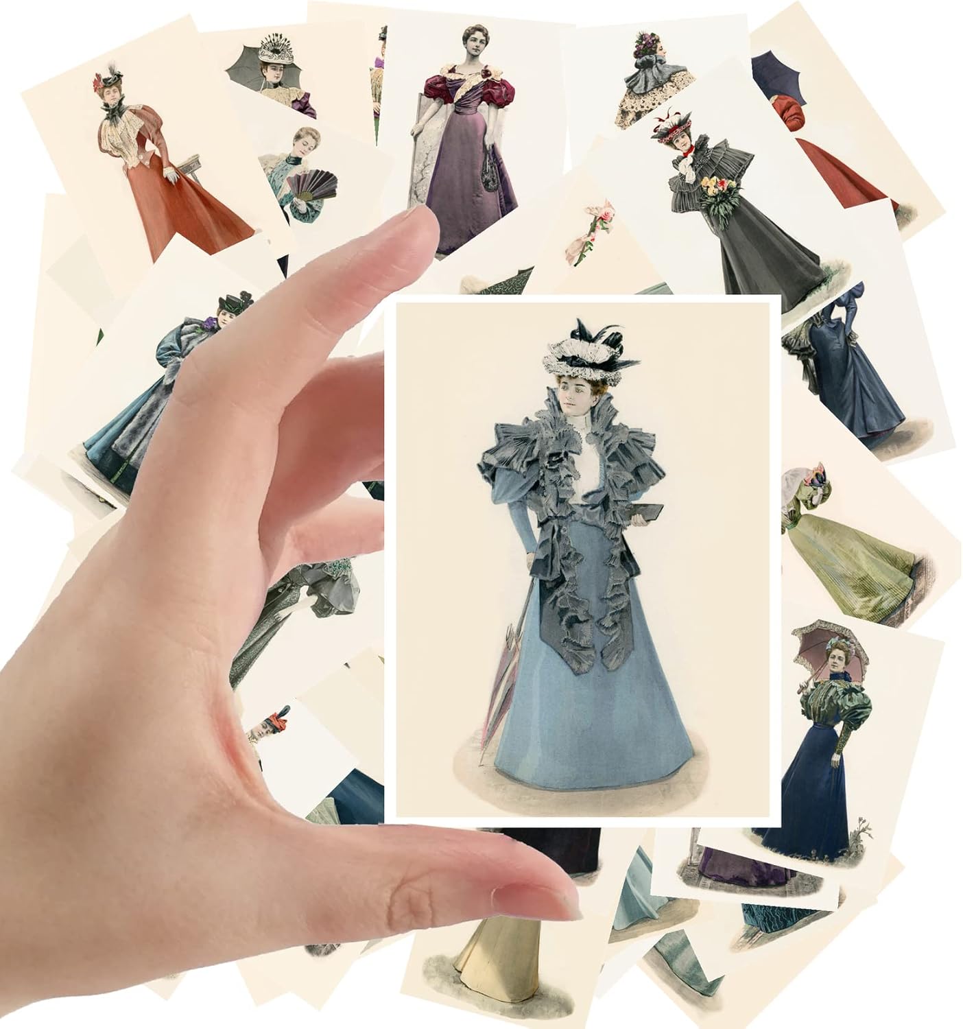 Calcomanías grandes (24 piezas de 2.5 x 3.5 pulgadas cada una) magníficos retratos completos de mujeres en vestidos, postales vintage, tarjetas de