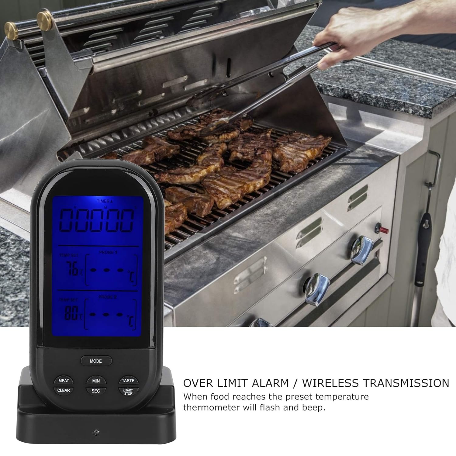 Termómetro digital para alimentos, termómetro remoto inalámbrico para alimentos con sonda doble, accesorio para cocina, barbacoa, parrilla