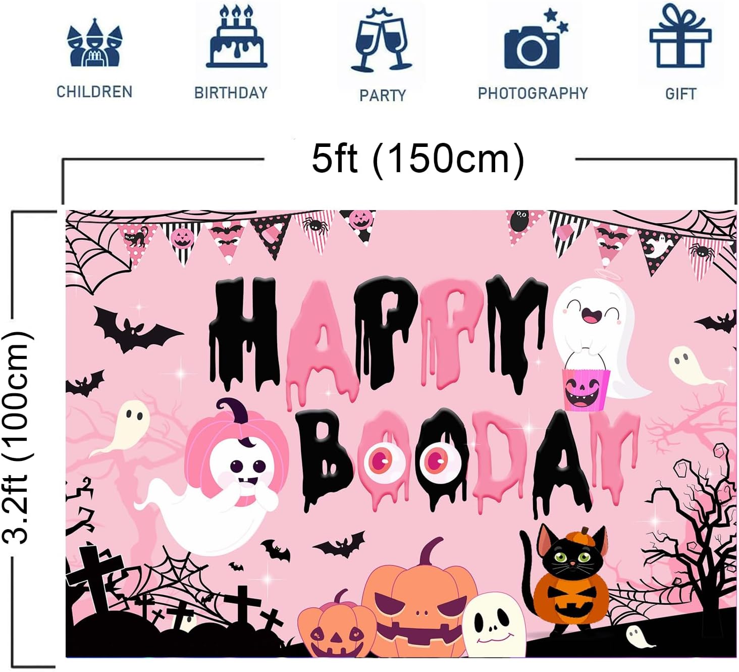 Decoraciones de fiesta de Feliz Boo Day color rosa y negro, decoraciones de fiesta de cumpleaños de Halloween, pancarta de fondo de feliz día de