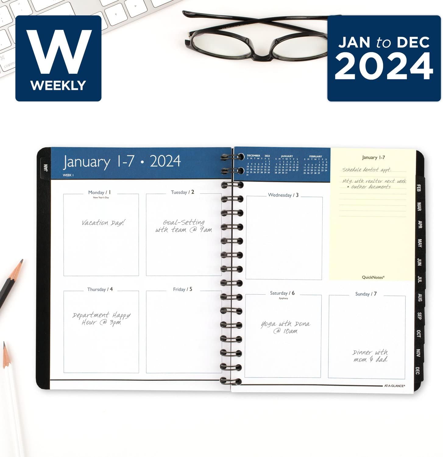 AT-A-GLANCE Agenda semanal y mensual 2024, 6-12 x 8-34 pulgadas, mediano, notas rápidas, negro (7602520524)